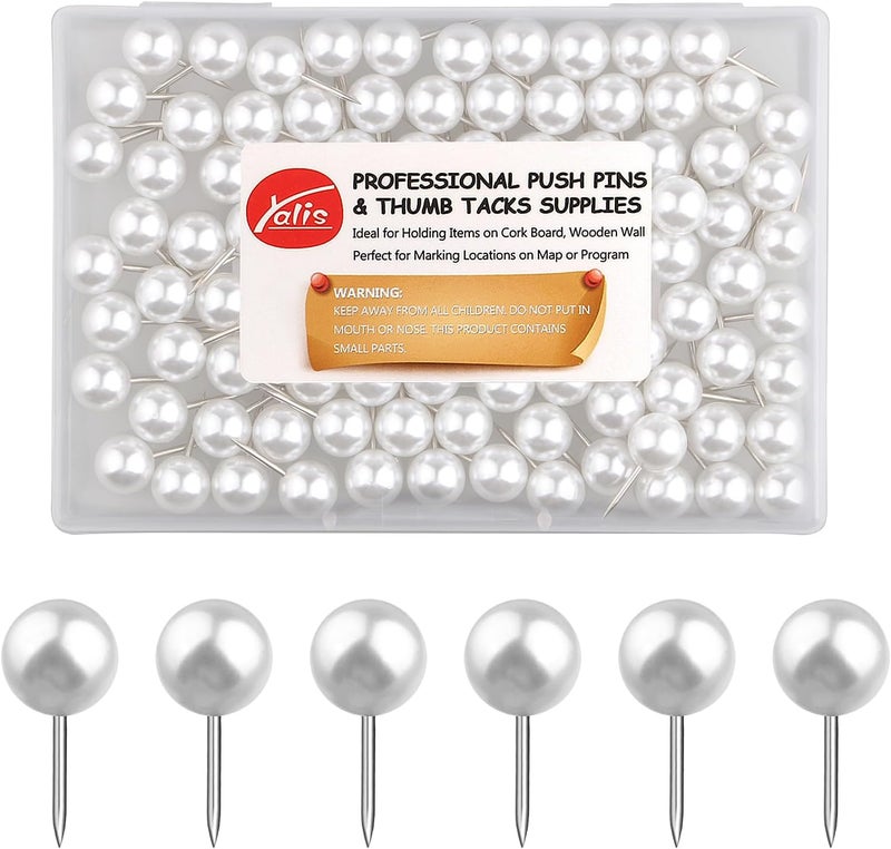 Yalis Push Pins 1/3 Inch Map Tacks 100-Count Large Size Pins Steel Point and Plastic Round Head (Pearl) - Image 1